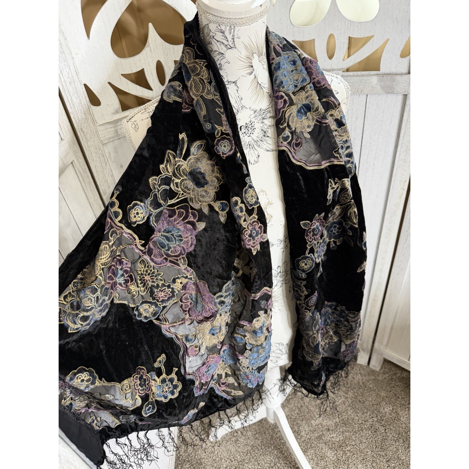 Velvet Burnout Black Purple Scarf Floral Hippie Unique Fringe Accent 62x20in